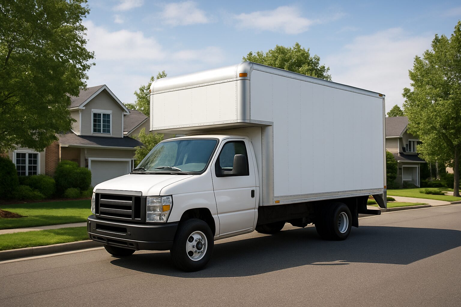 A moving truck parked on a residential street with houses in the background.
