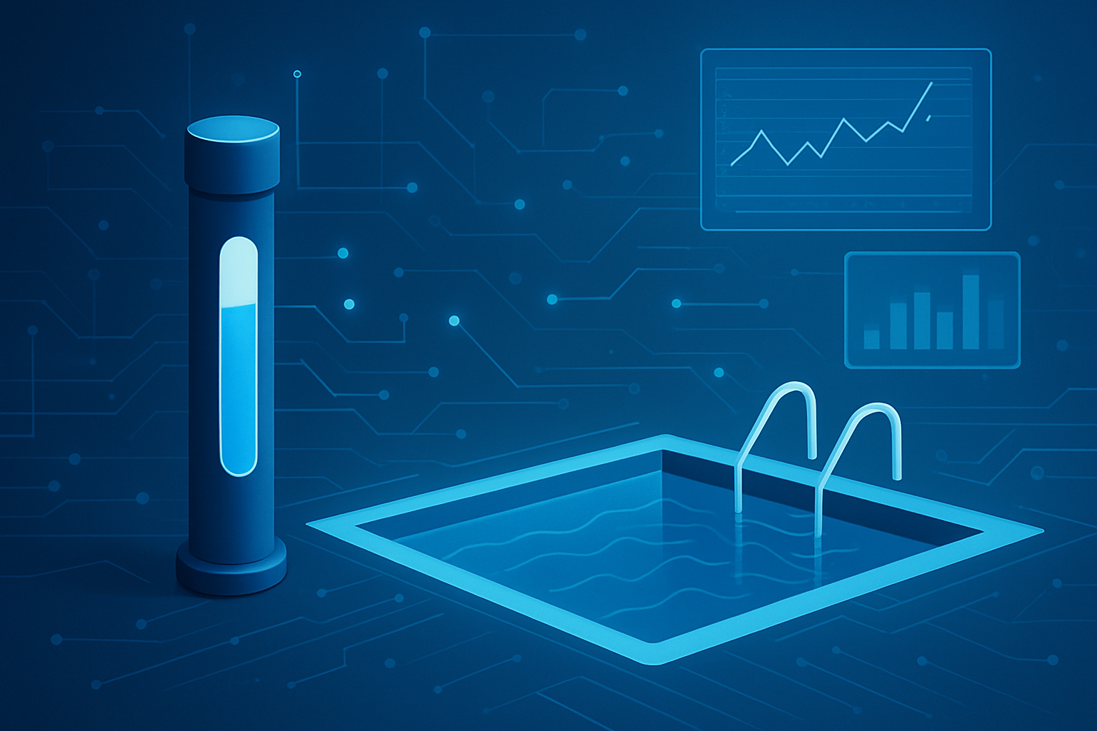 Digital illustration of a swimming pool with a test tube and graphs in the background, representing pool leak detection